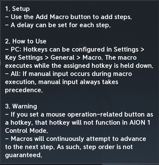 In-game Macro help explaining setup, held input, manual priority and step-order limits.