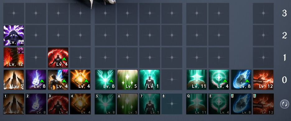 Skill columns with rows 3 to 0 and their key bindings underneath.